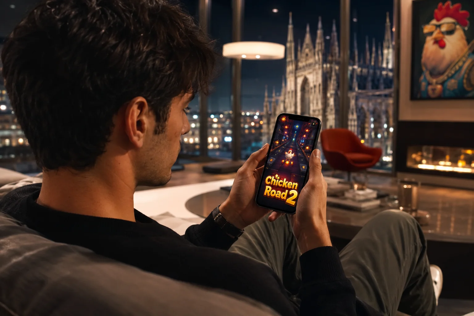 Utente italiana utilizza Chicken Road 2 app da smartphone in un caffè urbano moderno.
